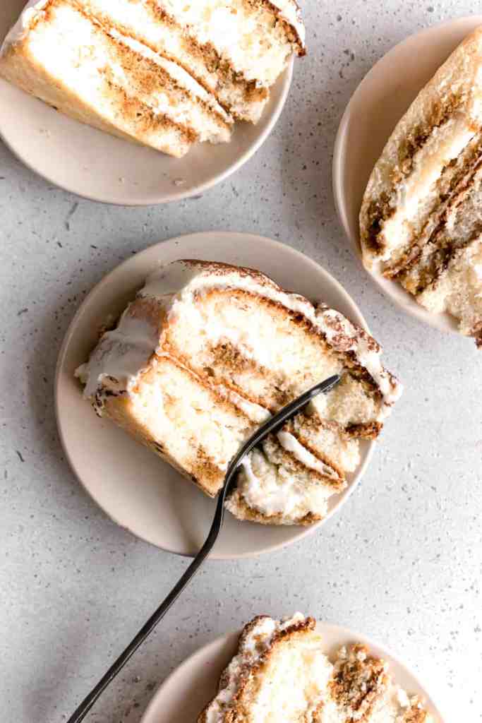 Tiramisu Layer Cake: 4 light, airy and tender sponge cake layers filled with intense espresso and fluffy egless tiramisu cream.