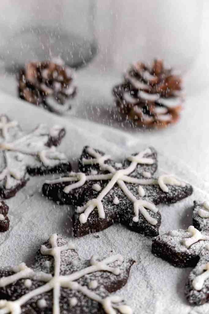 Snowy Snowfall scene - Baked Chocolate Snowflake Cookies Christmas baking with snow covered trees and pinecones