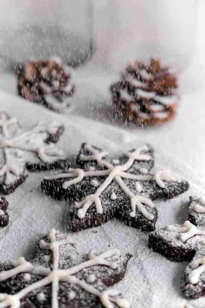 Snowy Snowfall scene - Baked Chocolate Snowflake Cookies Christmas baking with snow covered trees and pinecones