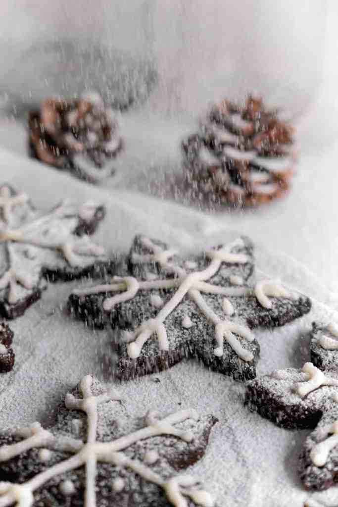 Snowy Snowfall scene - Baked Chocolate Snowflake Cookies Christmas baking with snow covered trees and pinecones